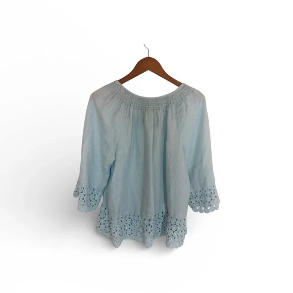 Charter Club Linen Luxury Blue Peasant Style Smocked Neckline Top Size 2X - Picture 5 of 12